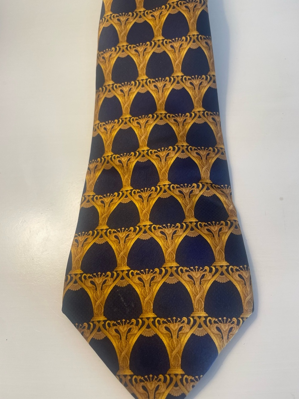 Lanvin Paris Silk Tie Navy and Gold Baroque Print Made in France Vintage